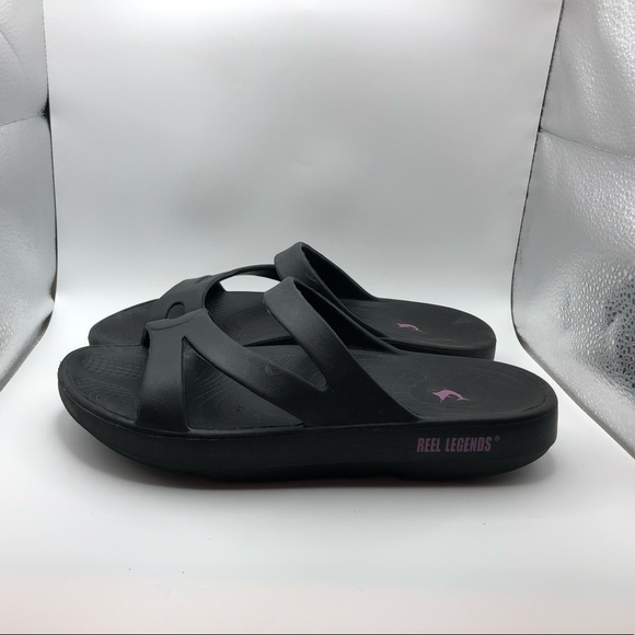 Reel Legends black pink strappy slide sandals size 10 - Picture 1 of 9